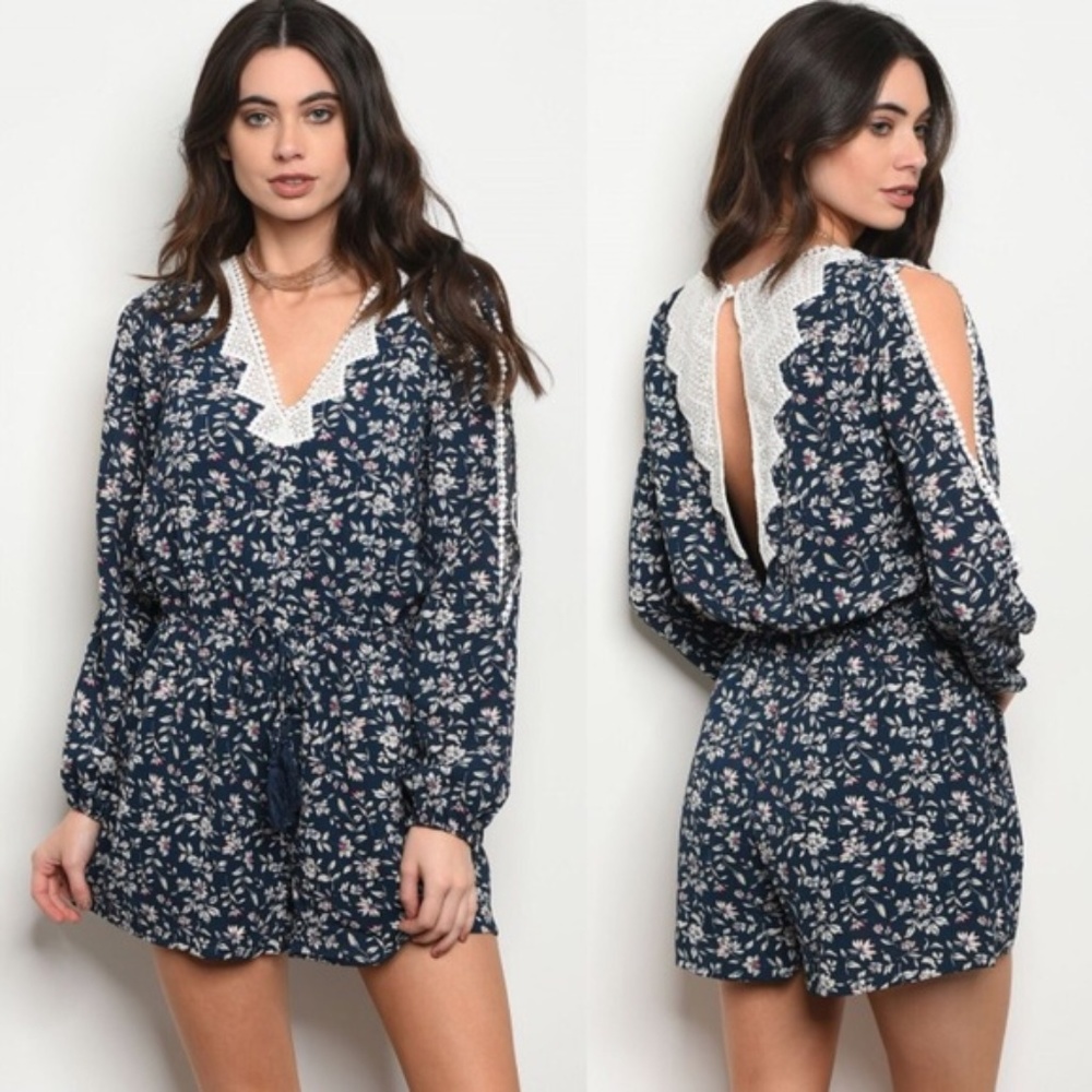 Floral Navy Romper NWOT
